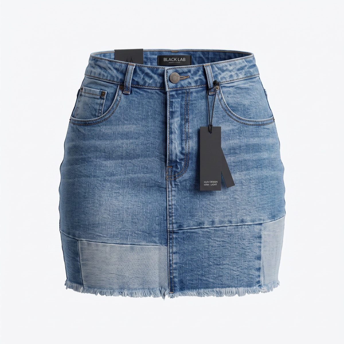 Black Label Cest Toi Patchwork Denim Mini Skirt Light Wash Frayed Hem CTB2375K L