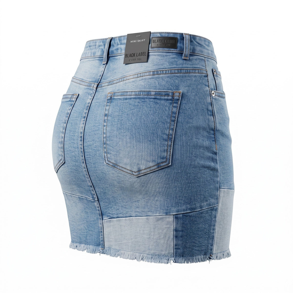Black Label Cest Toi Patchwork Denim Mini Skirt Light Wash Frayed Hem CTB2375K L