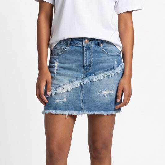 Black Label C'est Toi Womens Distressed Denim Mini Skirt Light Wash Frayed Hem M