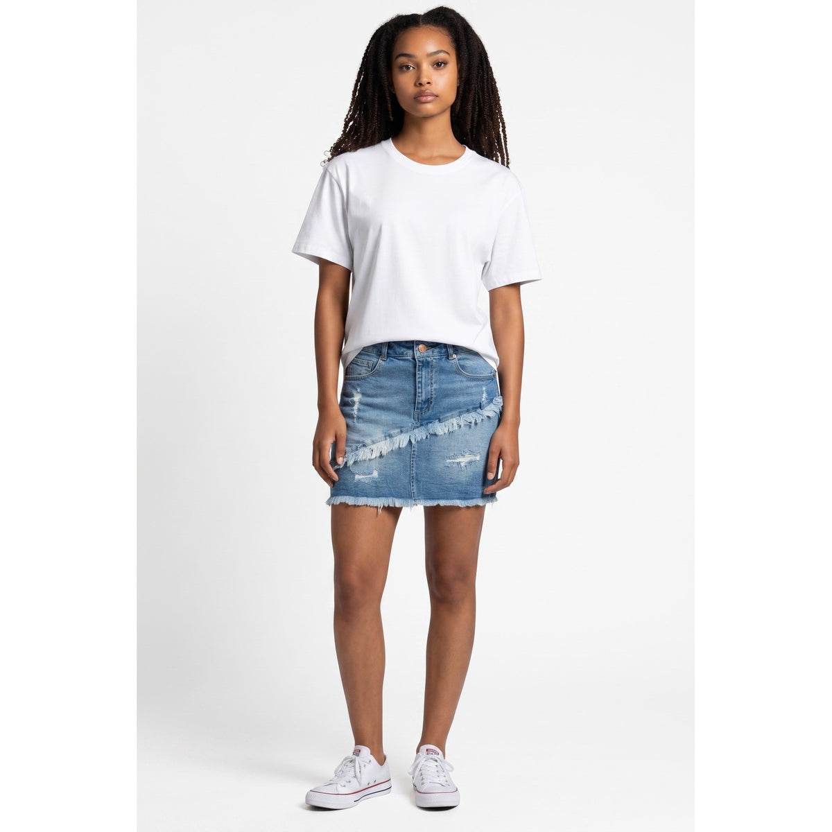Black Label C'est Toi Womens Distressed Denim Mini Skirt Light Wash Frayed Hem M