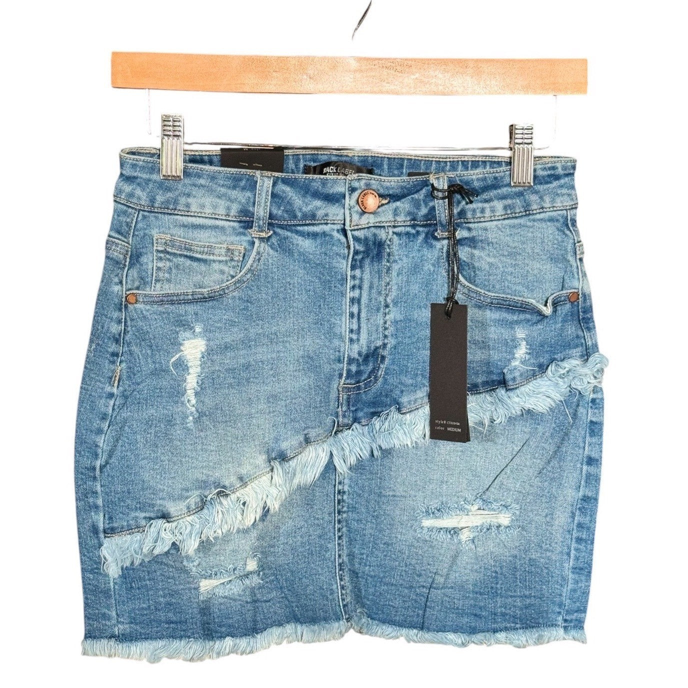 Black Label C'est Toi Womens Distressed Denim Mini Skirt Light Wash Frayed Hem M