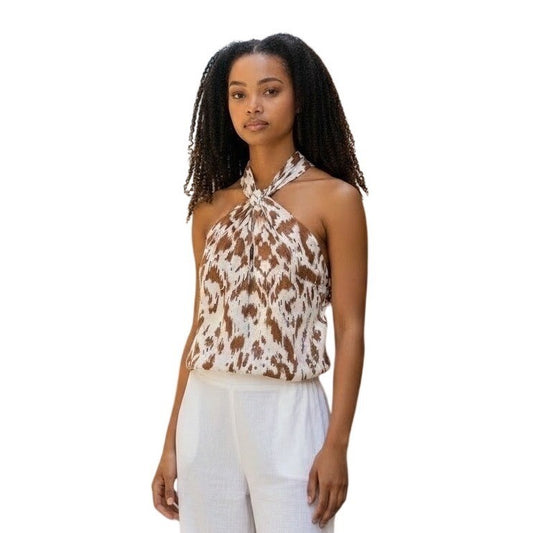 Vince Camuto  MSRP $59 Brown Ikat Animal Print Halter Neck Sleeveless Blouse L