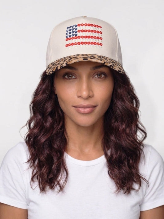 One Size - Zenana Hat USA Flag Beige/Leopard