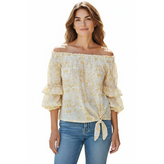 Vince Camuto MSRP $89 - Damask Off Shoulder Ruffle Sleeve Side Tie Blouse L