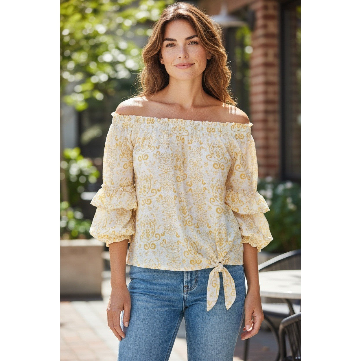 Vince Camuto MSRP $89 - Damask Off Shoulder Ruffle Sleeve Side Tie Blouse L