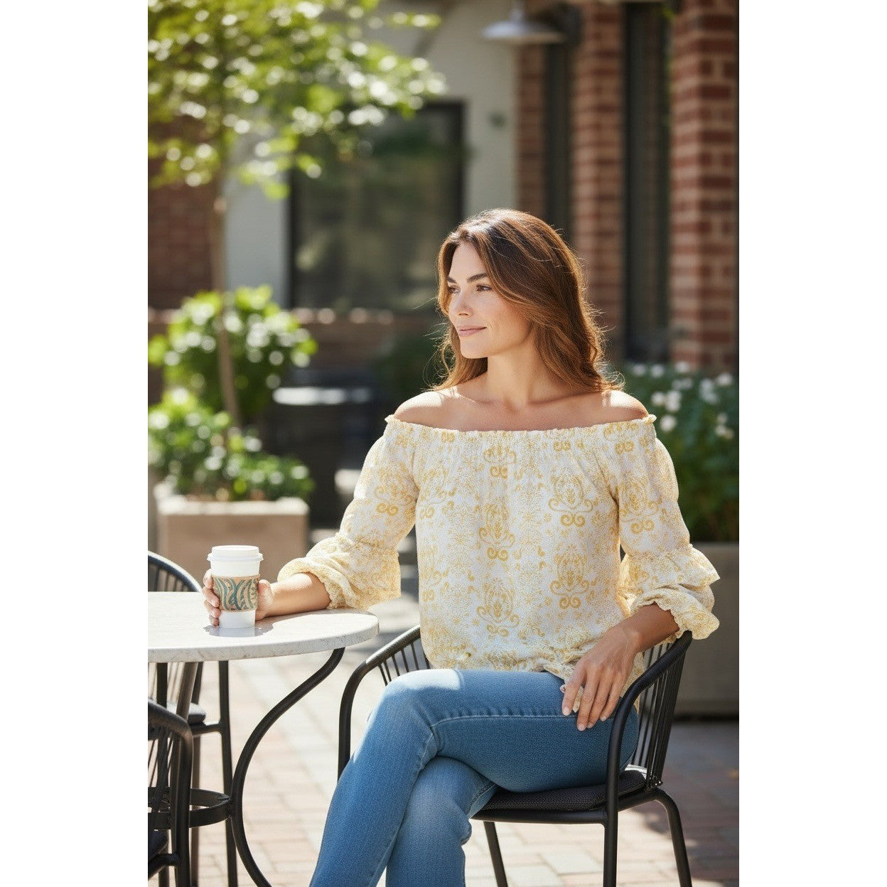 Vince Camuto MSRP $89 - Damask Off Shoulder Ruffle Sleeve Side Tie Blouse L