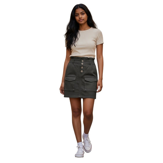 Black Denim Cargo Mini Skirt High Waisted Paperbag Elastic Waist Button Front