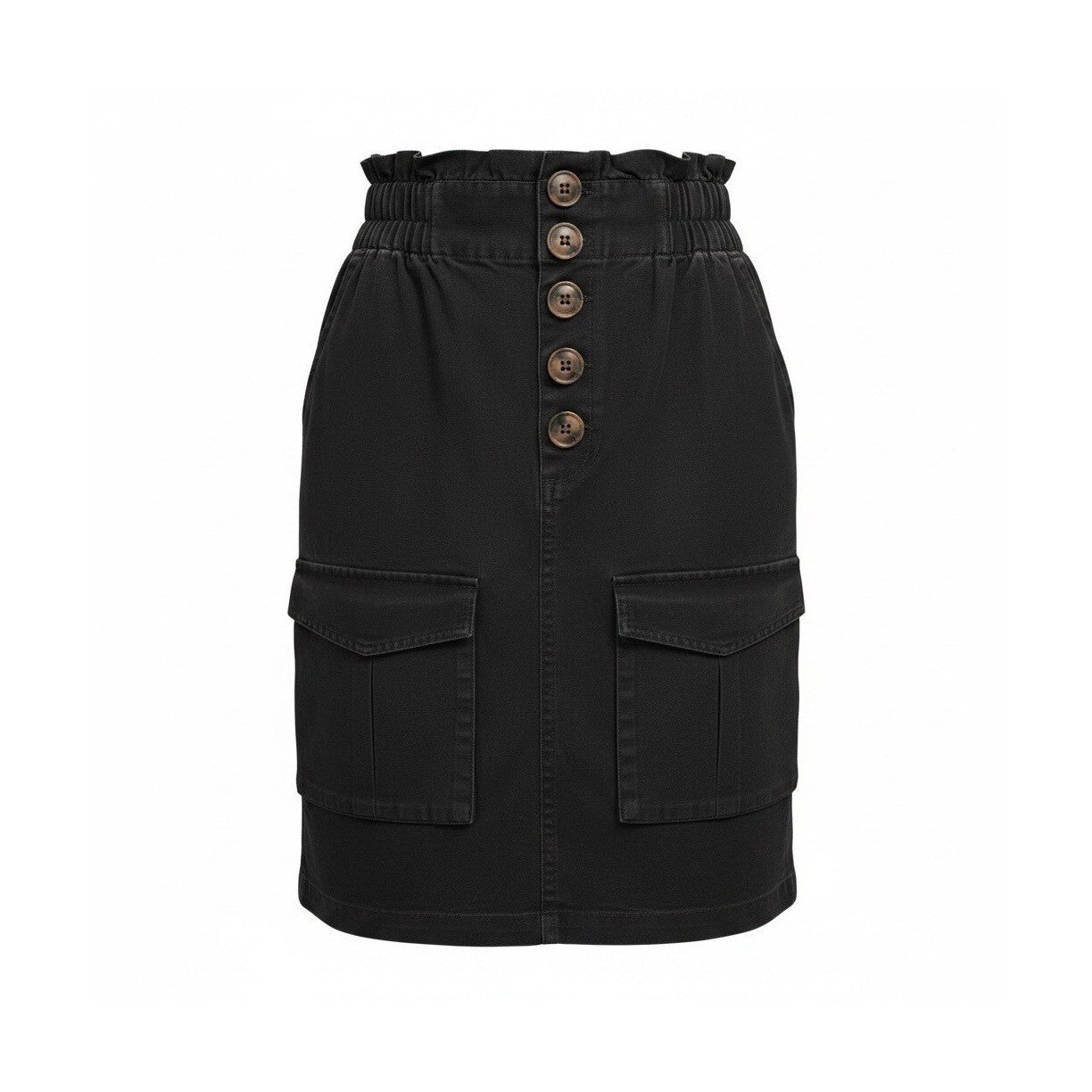 Black Denim Cargo Mini Skirt High Waisted Paperbag Elastic Waist Button Front