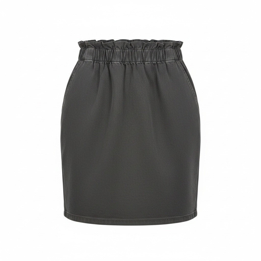 Black Denim Cargo Mini Skirt High Waisted Paperbag Elastic Waist Button Front