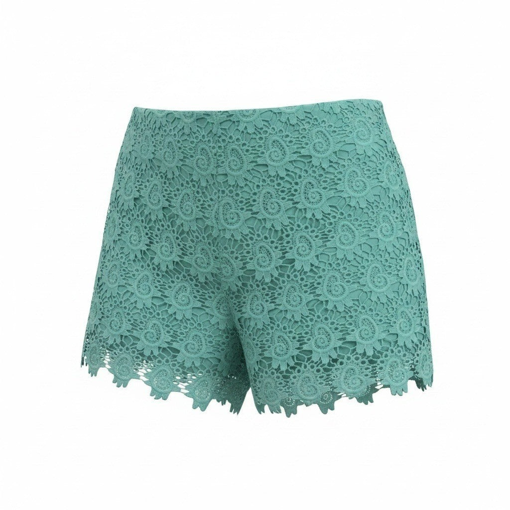 Catch My I Teal Green Floral Guipure Lace Scalloped Hem Shorts Womens Size 7