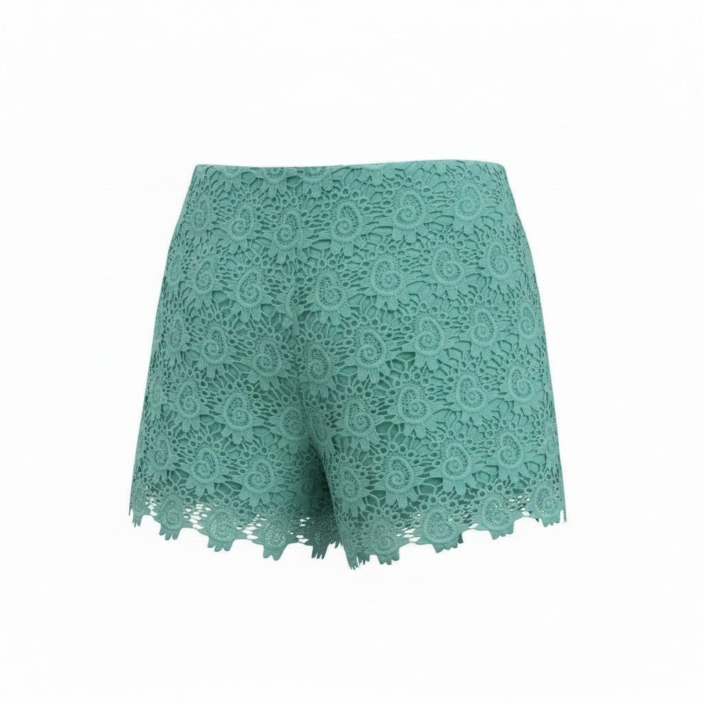 Catch My I Teal Green Floral Guipure Lace Scalloped Hem Shorts Womens Size 7