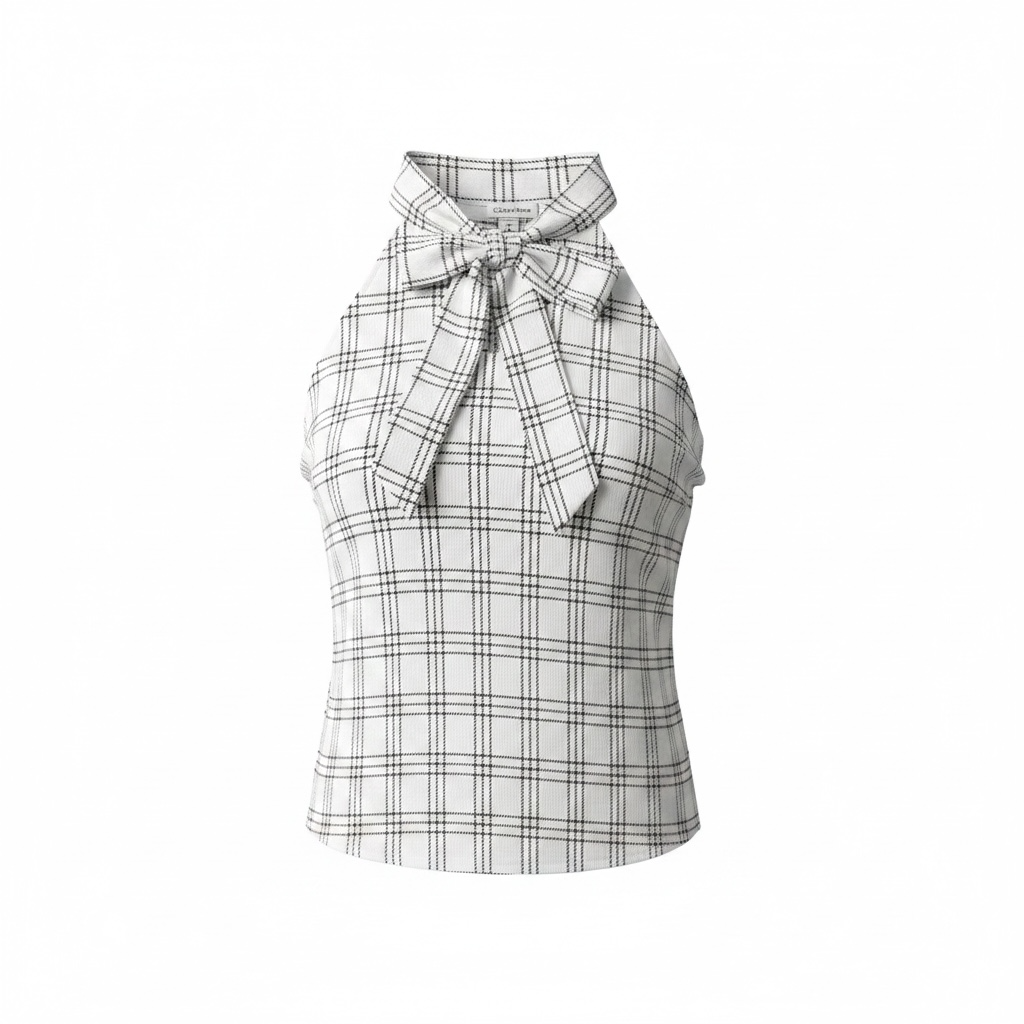 Calvin Klein MSRP $69 - Women White Black Plaid Halter Tie Neck Bow Blouse Top M