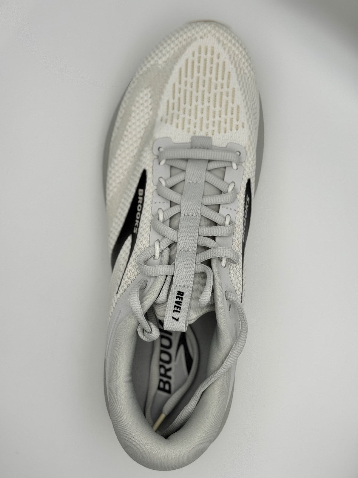 Size 10-Brooks Revel 7 Men's Sneakers White/Pelican/Black - Box Slightly Damaged