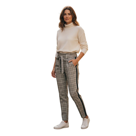 BBJ Los Angeles Plaid Paperbag Waist Tapered Pants with Side Stripe Tan Black