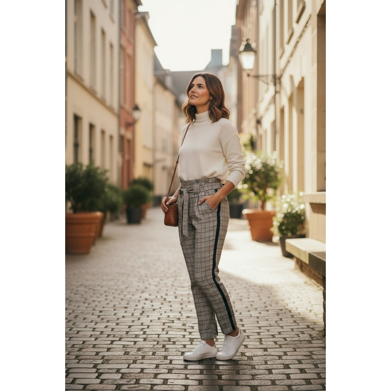 BBJ Los Angeles Plaid Paperbag Waist Tapered Pants with Side Stripe Tan Black
