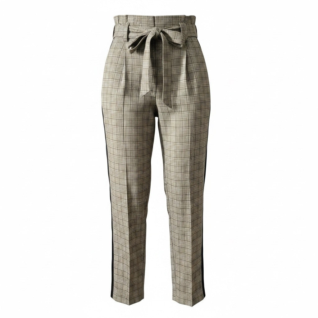 BBJ Los Angeles Plaid Paperbag Waist Tapered Pants with Side Stripe Tan Black