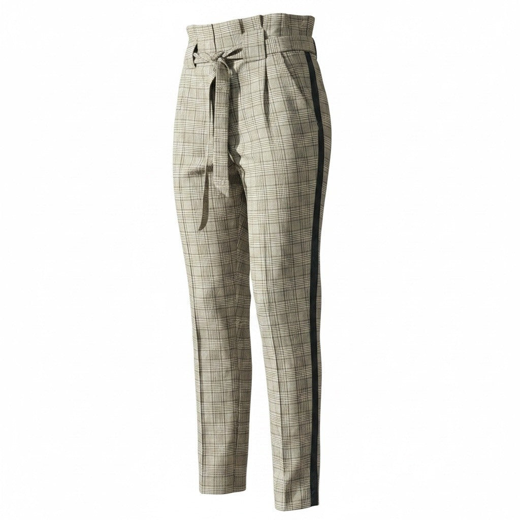 BBJ Los Angeles Plaid Paperbag Waist Tapered Pants with Side Stripe Tan Black