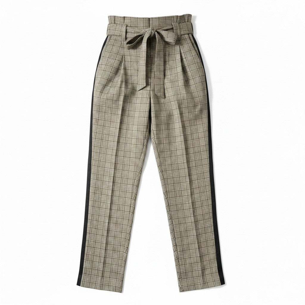 BBJ Los Angeles Plaid Paperbag Waist Tapered Pants with Side Stripe Tan Black