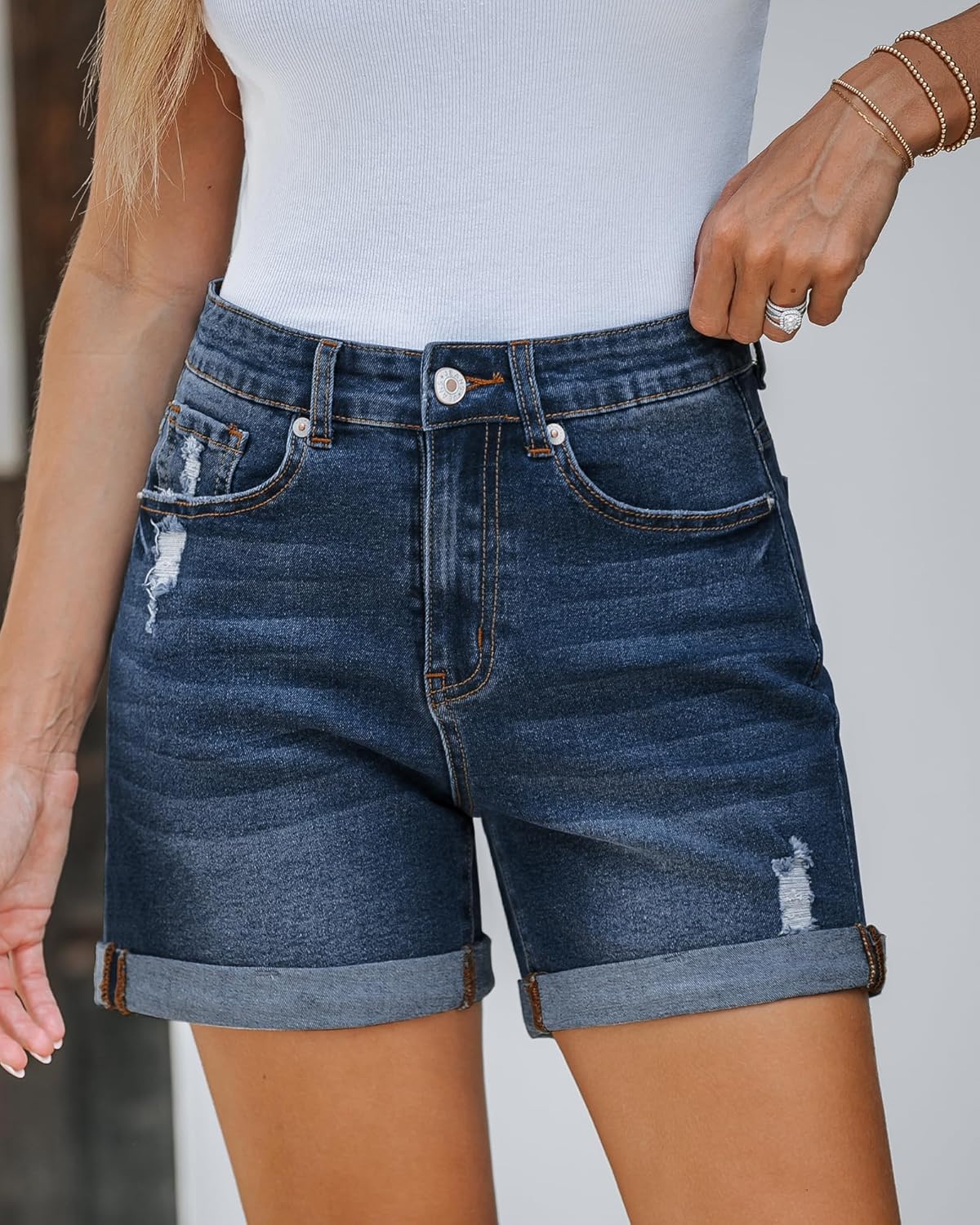 LookbookStore Jean Shorts Womens Stretchy High Waisted Ripped Denim Shorts with Pockets Trendy Distressed Cut Off Shorts