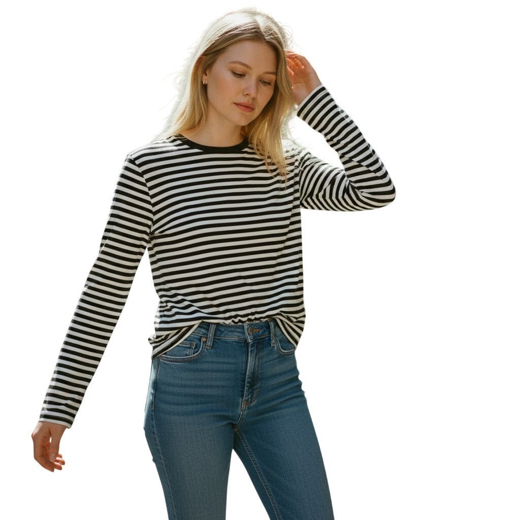 Caslon Navy White Striped Long Sleeve Crew Neck T-Shirt Cotton Modal Blend