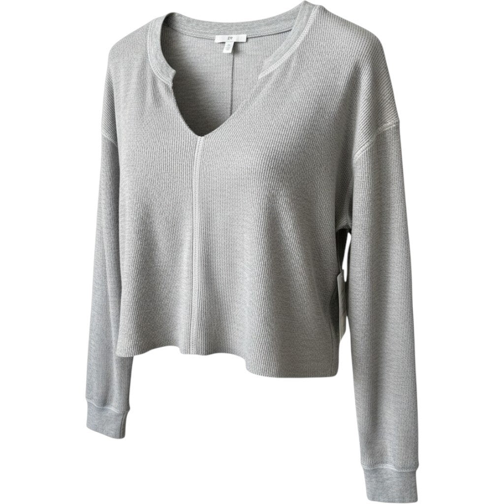BP Nordstrom Womens Grey Waffle Knit Notched V-Neck Cropped Thermal Top M