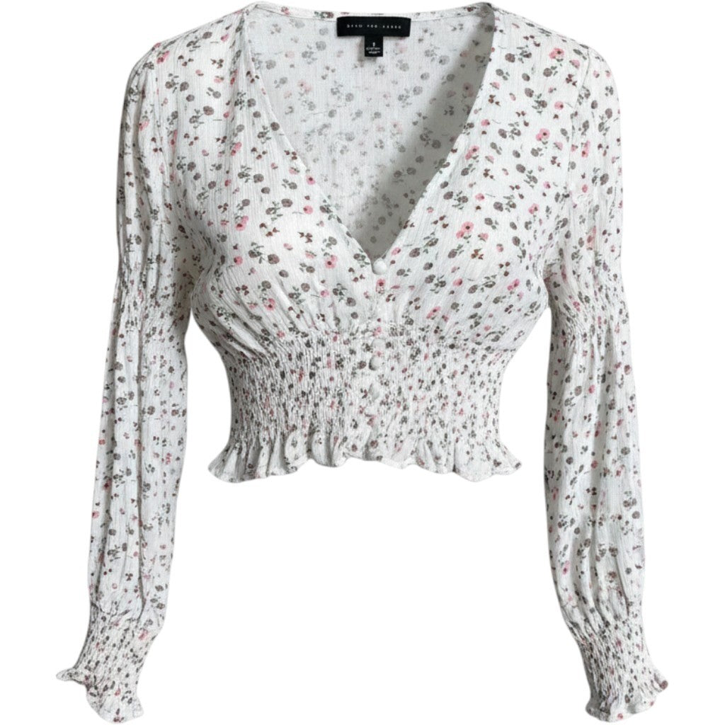 Know One Cares Floral Smocked Waist Top White Pink V-Neck Long Sleeve Large NEW