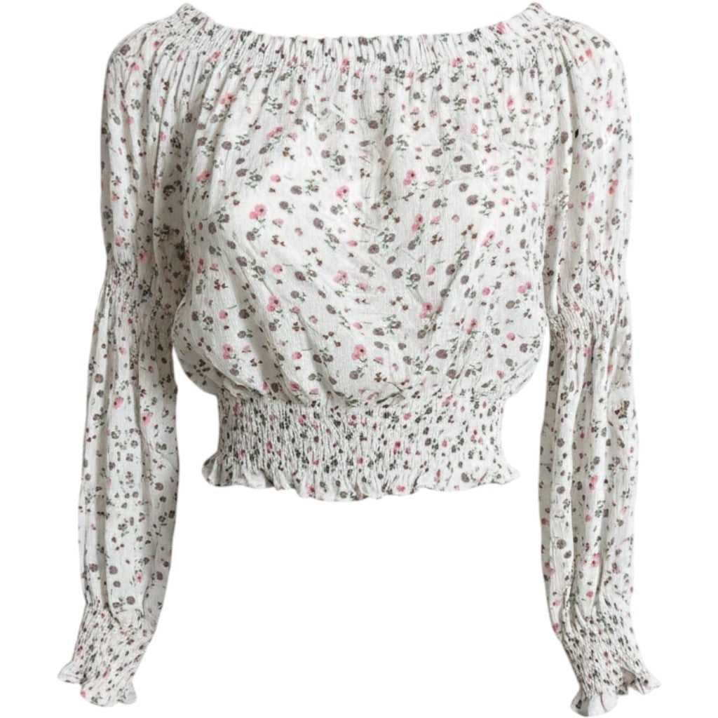 Know One Cares Floral Smocked Waist Top White Pink V-Neck Long Sleeve Large NEW