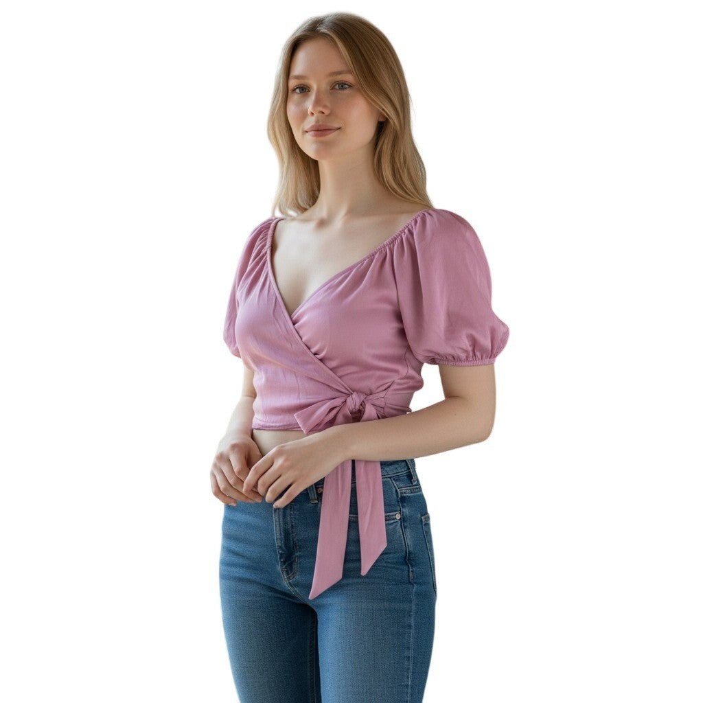 WAYF Womens Pink Puff Sleeve Tie Front Wrap Top Blouse XS