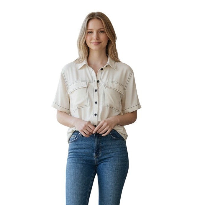 Vince Camuto Charmed Chic Shirt Soft Cream Contrast Stitch Utility Top XL NEW