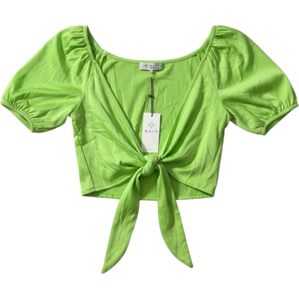 WAYF Women Lime Green Tie Front Puff Sleeve Crop Top Size Medium NEW