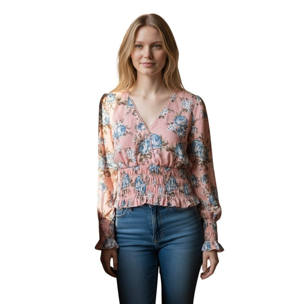 WAYF Blush Rose Floral Smocked Waist V-Neck Blouse 70417NRCH Pink Blue Small