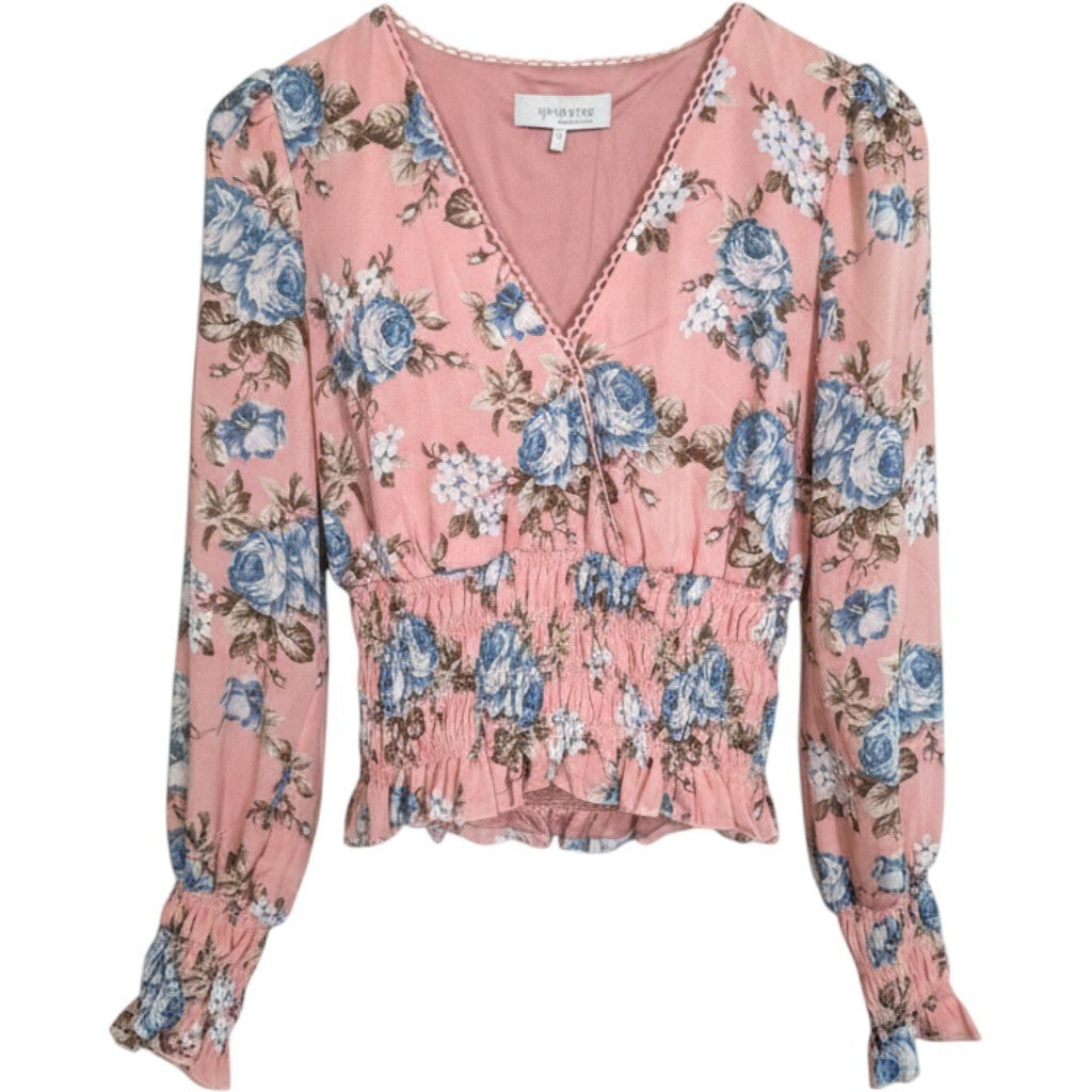 WAYF Blush Rose Floral Smocked Waist V-Neck Blouse 70417NRCH Pink Blue Small