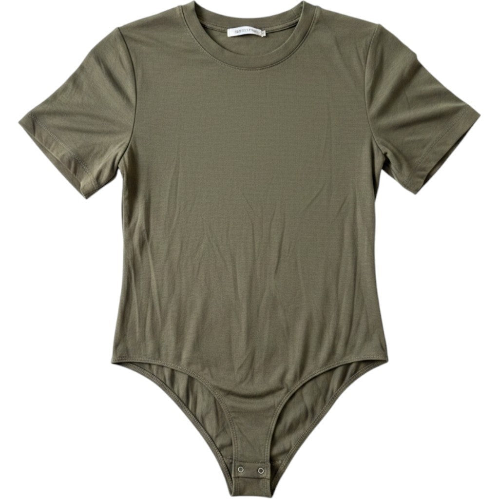 Wayy Women Olive Green Short Sleeve Crew Neck Snap Closure Bodysuit Small