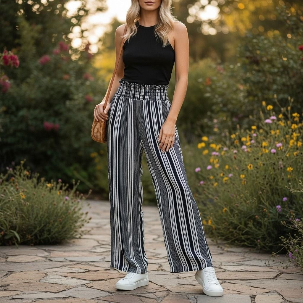 Boom Boom Jeans BBJ Navy White Striped Wide Leg Smocked Pants V14357Z
