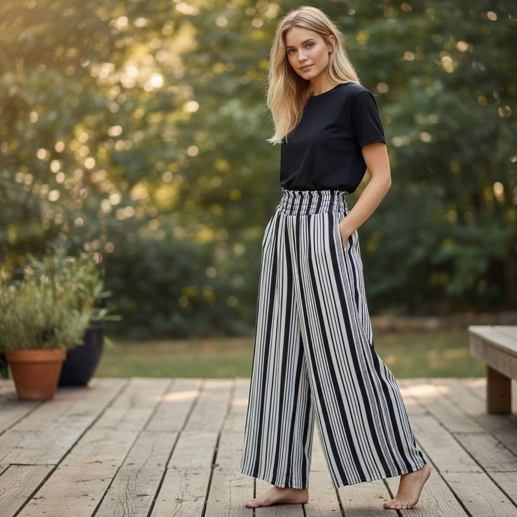 Boom Boom Jeans BBJ Navy White Striped Wide Leg Smocked Pants V14357Z