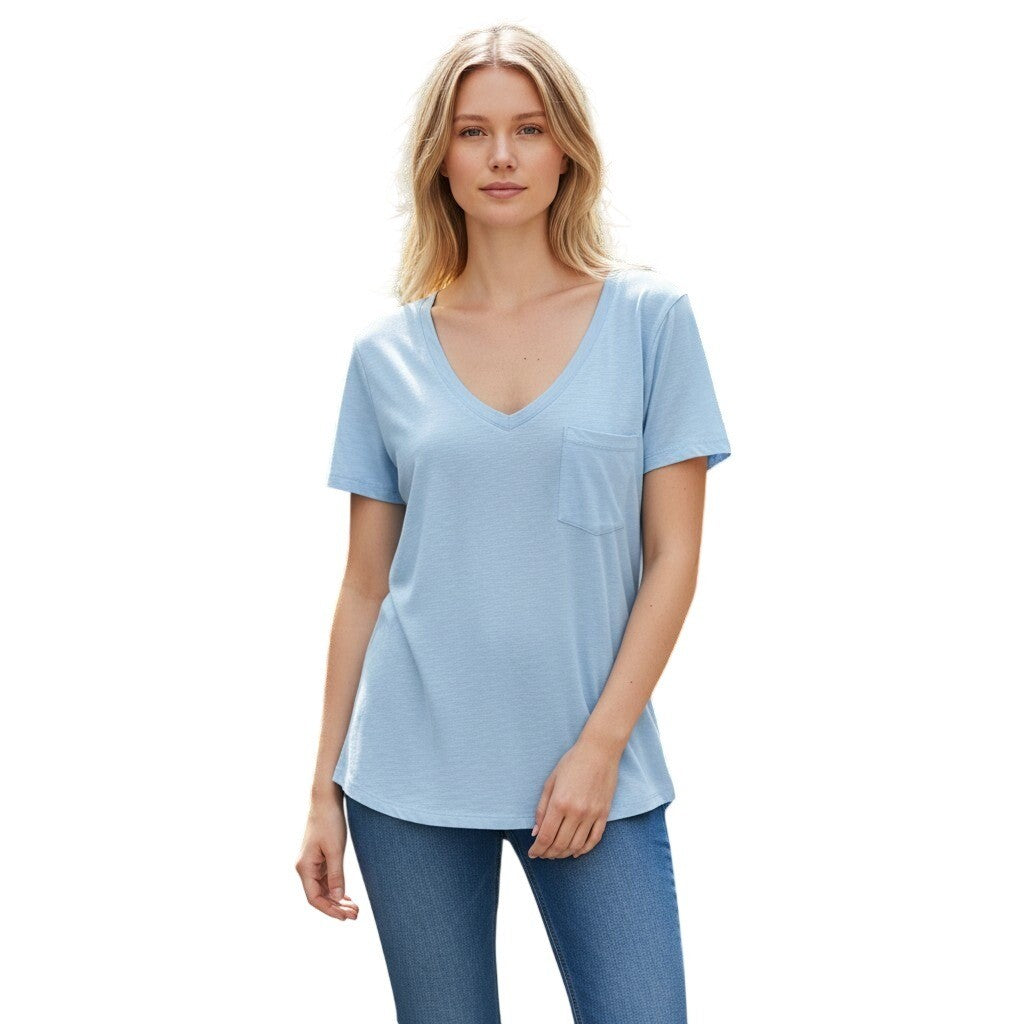 Caslon Womens Light Blue V-Neck Short Sleeve Pocket Slub Knit T-Shirt XS