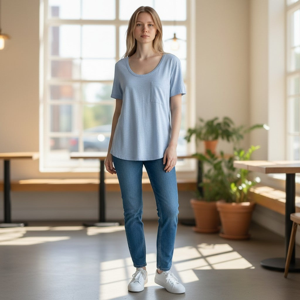 Caslon Womens Light Blue V-Neck Short Sleeve Pocket Slub Knit T-Shirt XS