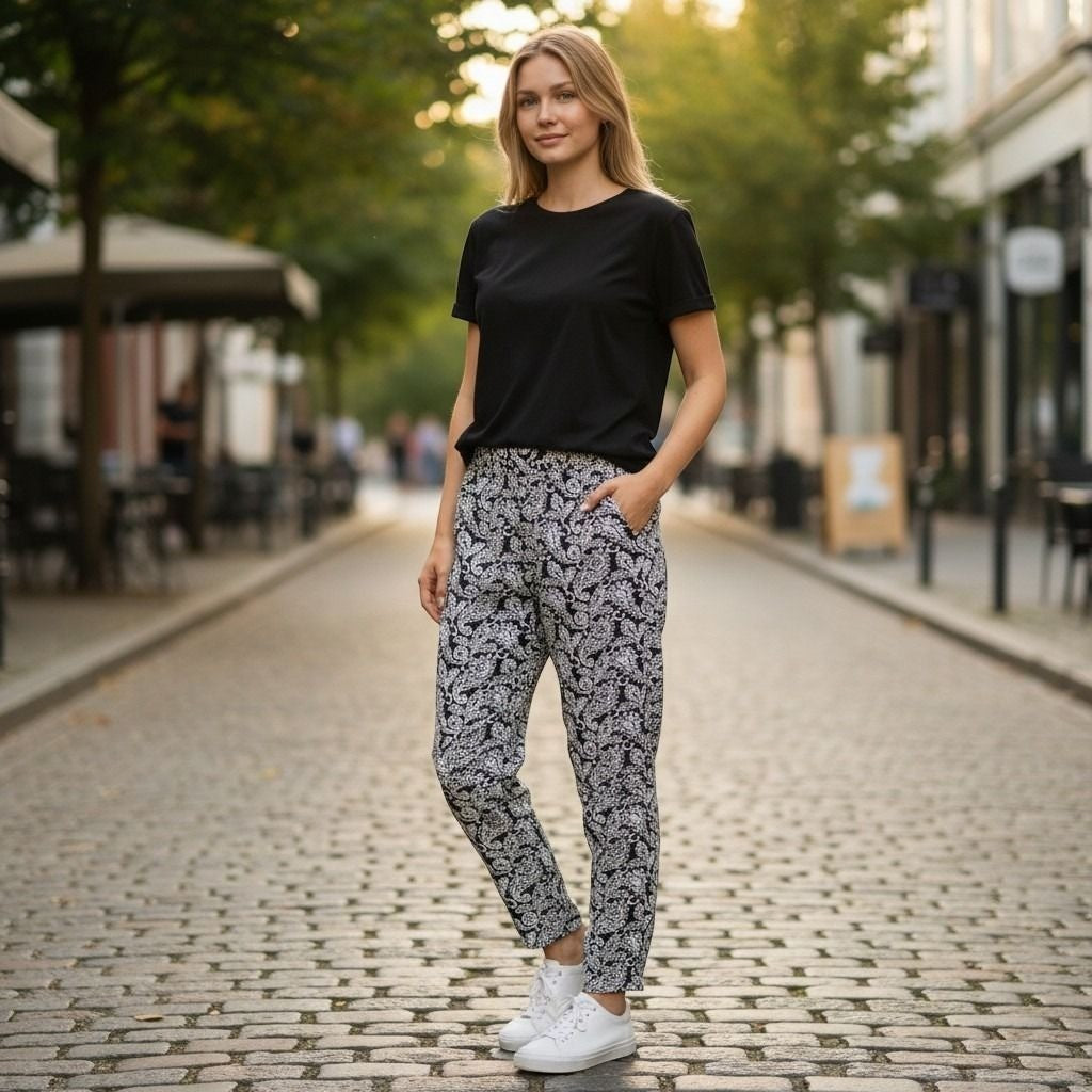 Womens Black White Paisley Print Tapered High Rise Ankle Pants with Pockets
