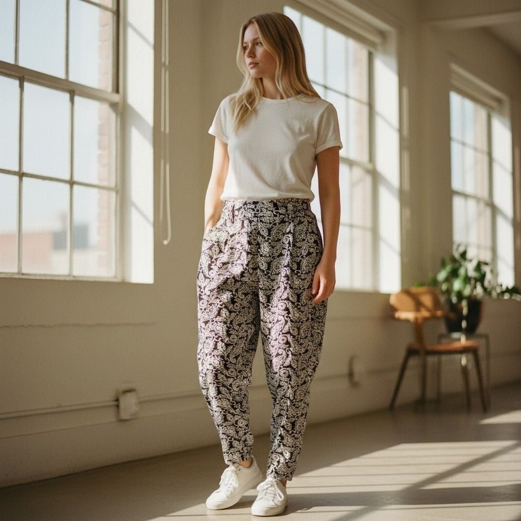 Womens Black White Paisley Print Tapered High Rise Ankle Pants with Pockets