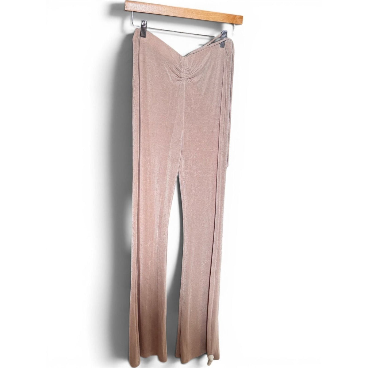 Womens High Waisted Ruched Flare Pants Mauve Shimmer Metallic Bell Bottoms