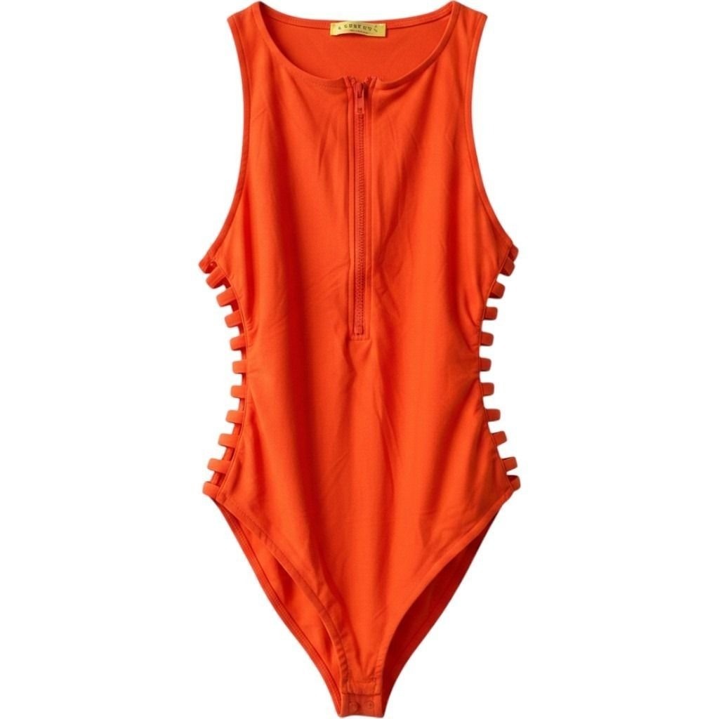 Orange Ribbed Half Zip Bodysuit Side Cutout Sleeveless Racerback Top