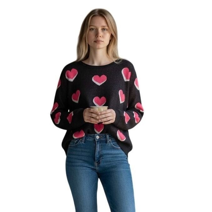 Jones New York Women Black Pink Heart Intarsia Knit Sweater XL 10924733-5JW