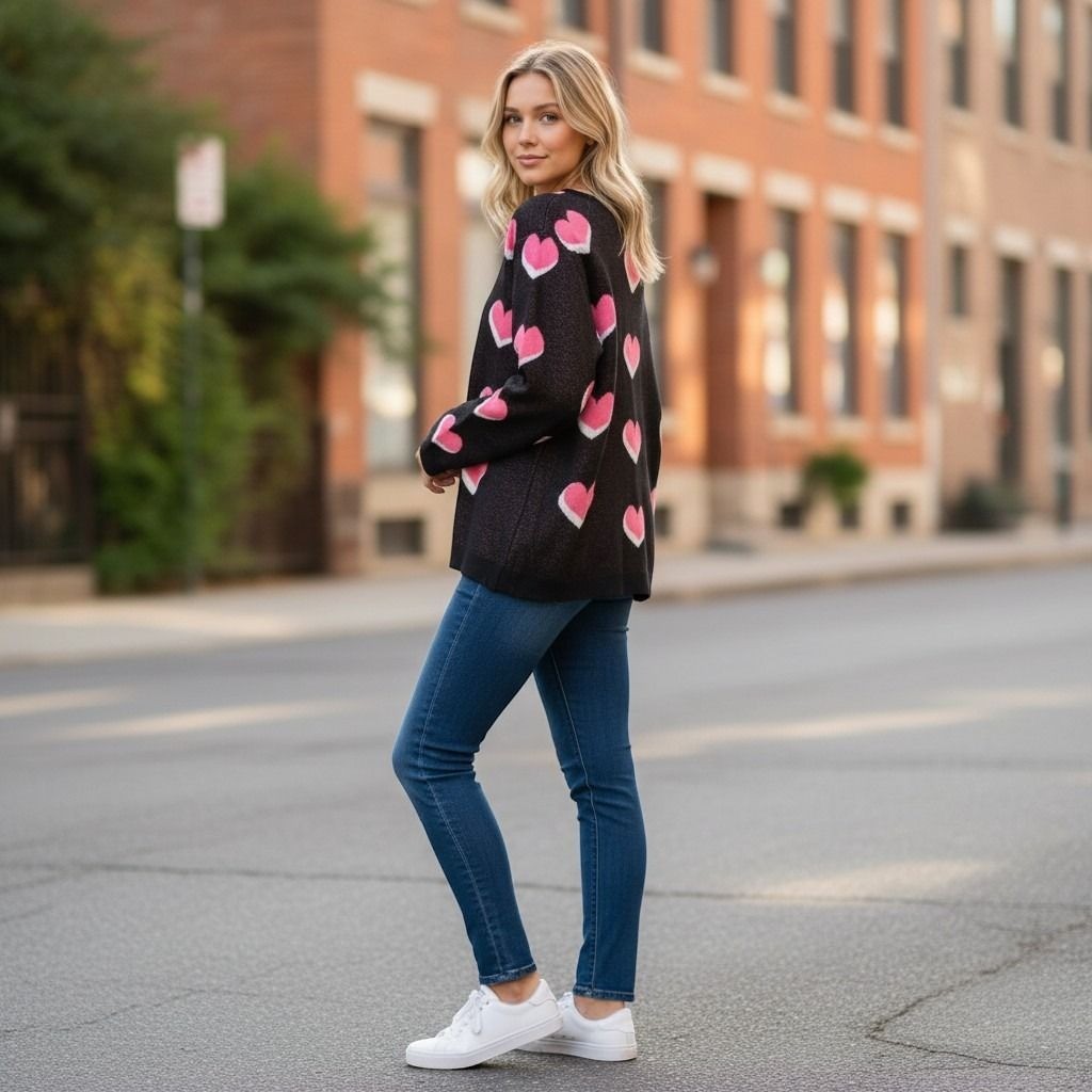Jones New York Women Black Pink Heart Intarsia Knit Sweater XL 10924733-5JW