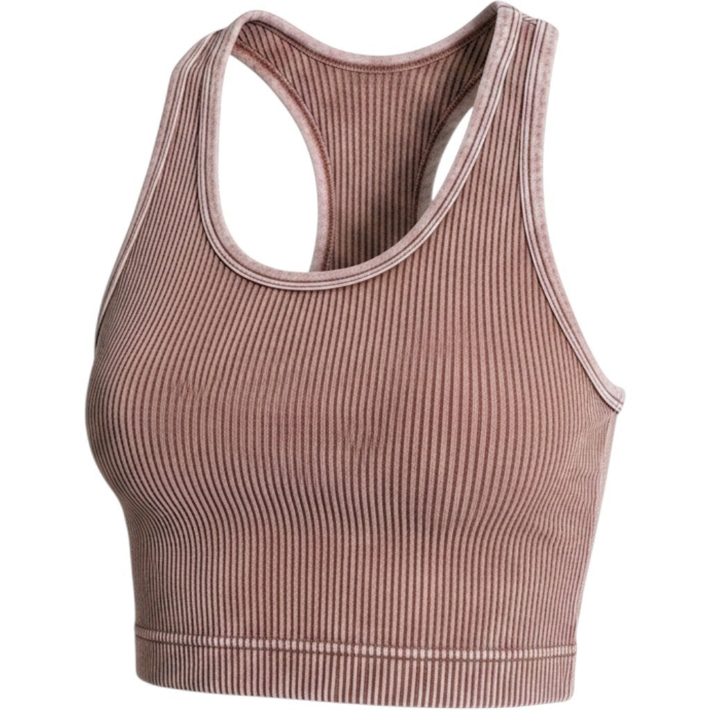 Zenana Women Ribbed Mineral Wash V-Neck Racerback Crop Tank Top Mauve L/XL
