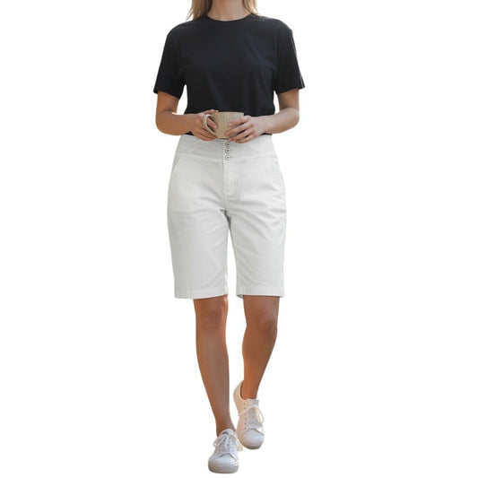One 5 One Womens White Bermuda Shorts High Rise Triple Button Cotton Twill 8