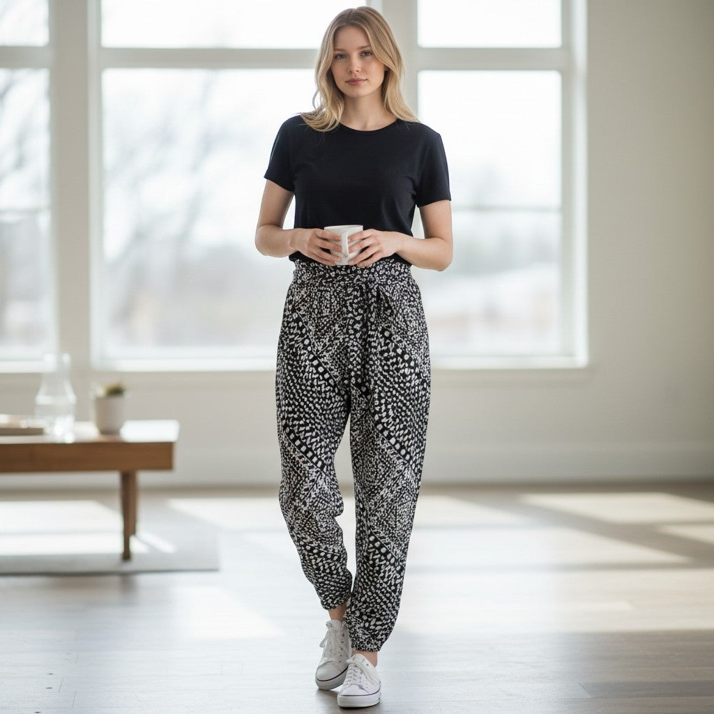 Boom Boom Jeans Womens Black White Geometric Print Paperbag Jogger Pants V13728Z