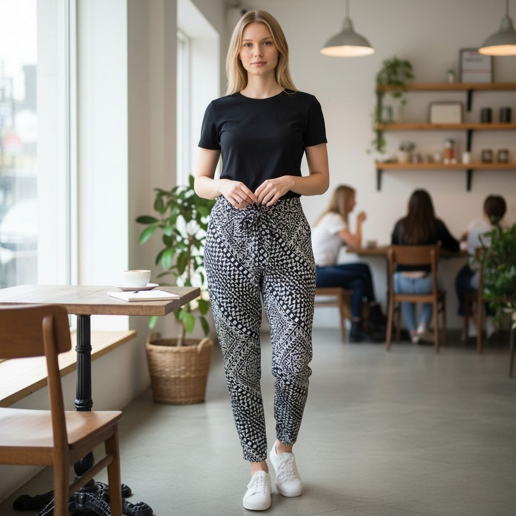 Boom Boom Jeans Womens Black White Geometric Print Paperbag Jogger Pants V13728Z