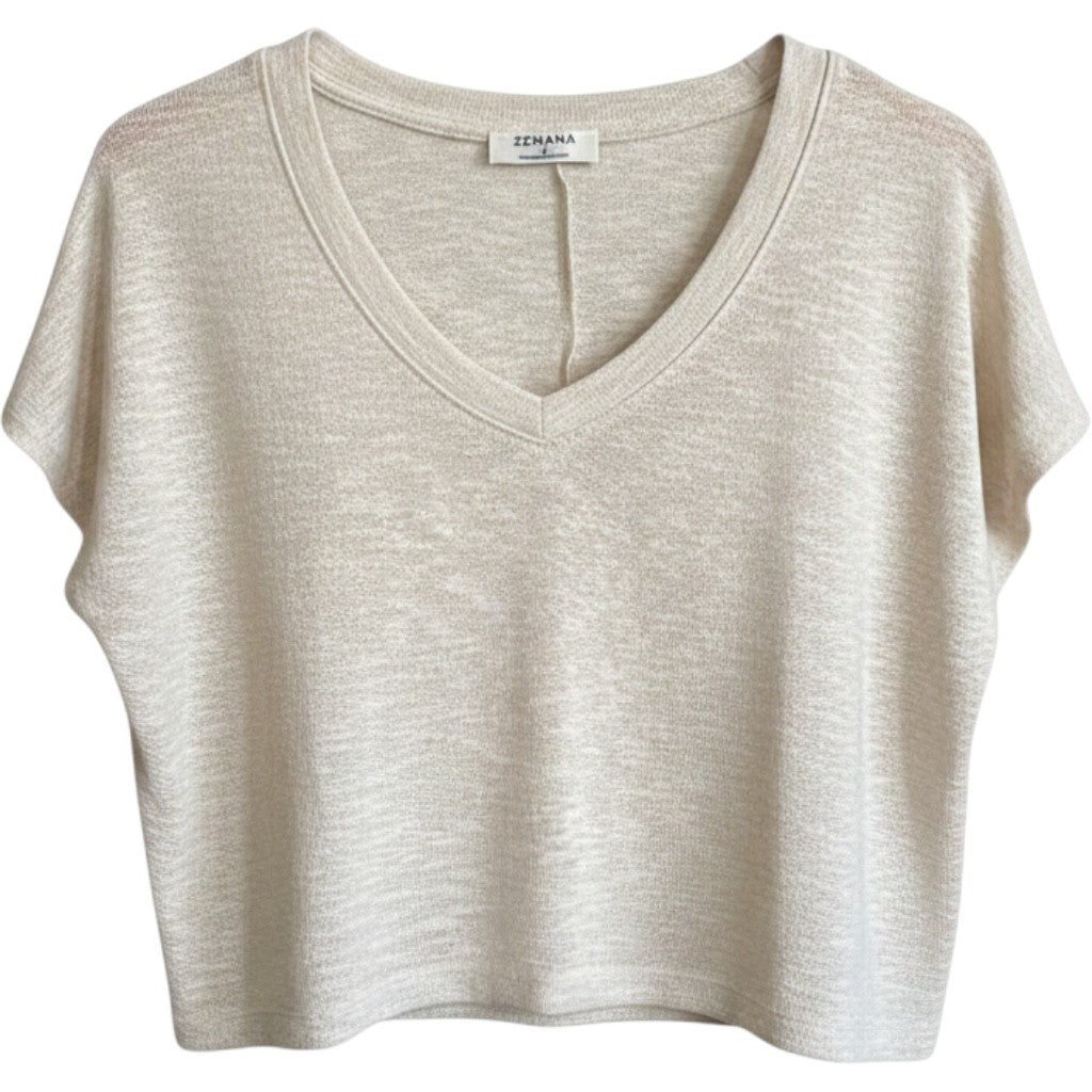 Zenana Oatmeal Heather V-Neck Dolman Sleeve Slub Knit Boxy Crop Top Small