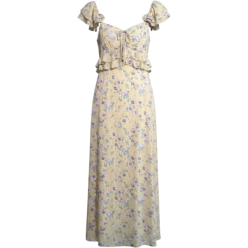 Lush Floral Maxi Dress Yellow Purple Cold Shoulder Ruffle LD44645-003 Womens XS