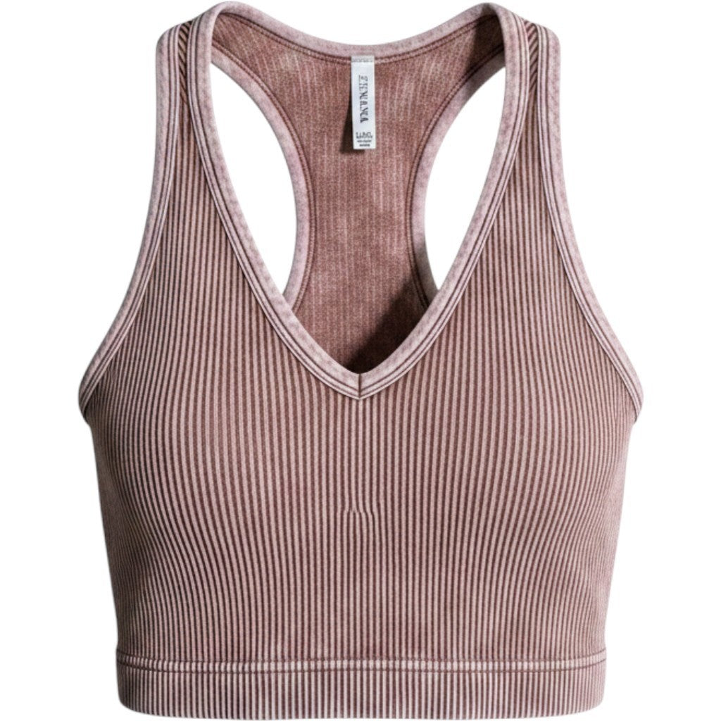 Zenana Women Ribbed Mineral Wash V-Neck Racerback Crop Tank Top Mauve L/XL